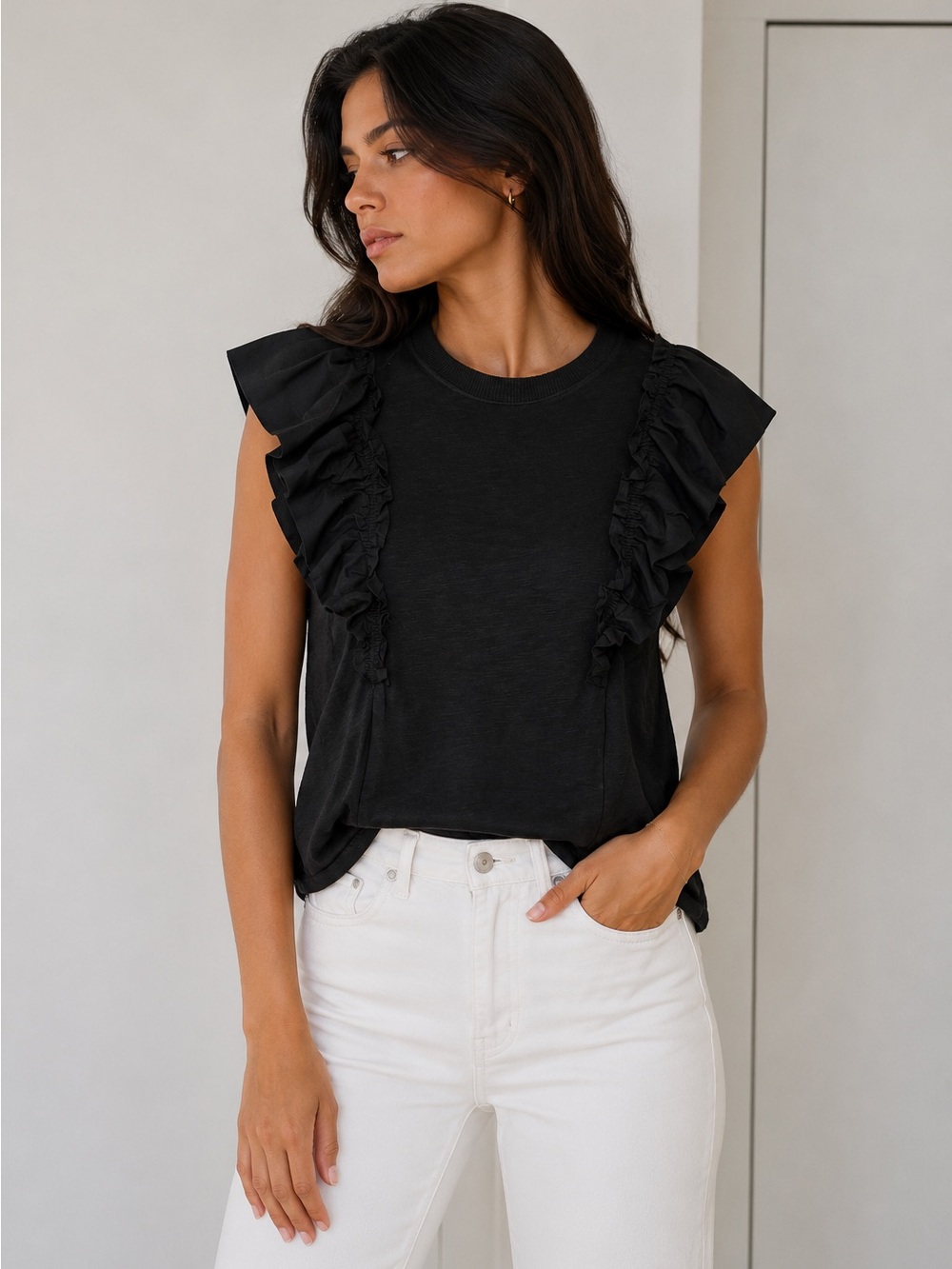 Express Black Ruffle Sleeve Tee